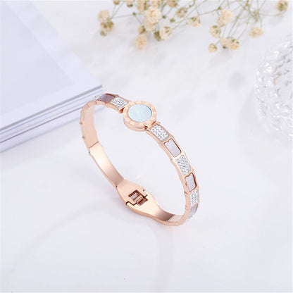 White Shell and Cubic Zirconia 18K Rose Gold-Plated Roman Numeral Hinged Bangle, rose gold bangle bracelet, side view