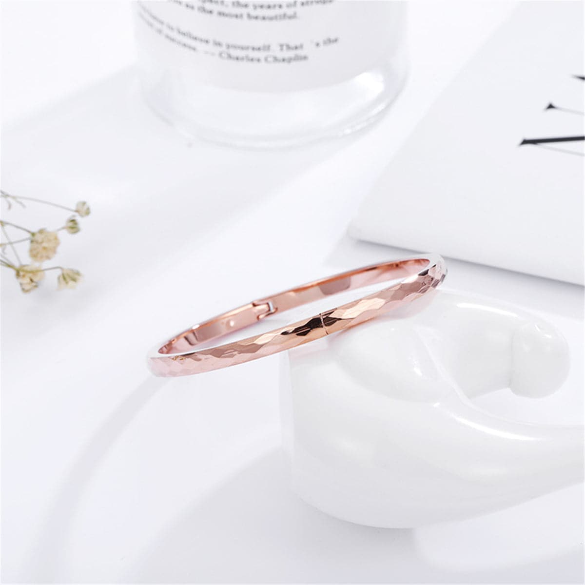 18K Rose Gold-Plated Diamond-Cut Hinge Bangle, rose gold bangle bracelet, dainty minimalist design, detail close-up