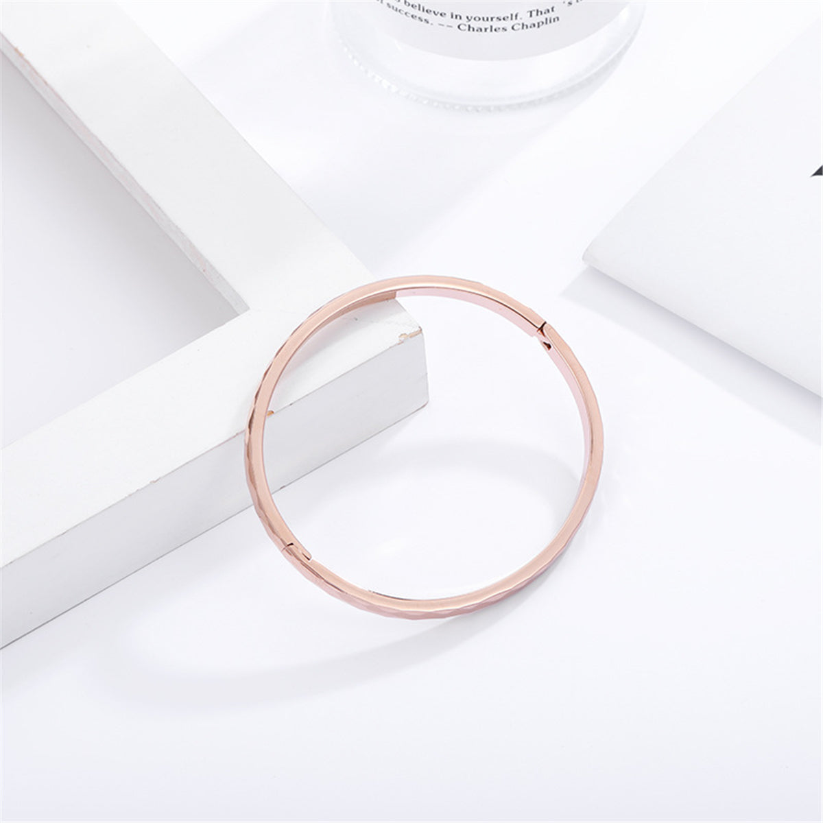 18K Rose Gold-Plated Diamond-Cut Hinge Bangle, rose gold bangle bracelet, dainty minimalist design, lifestyle look