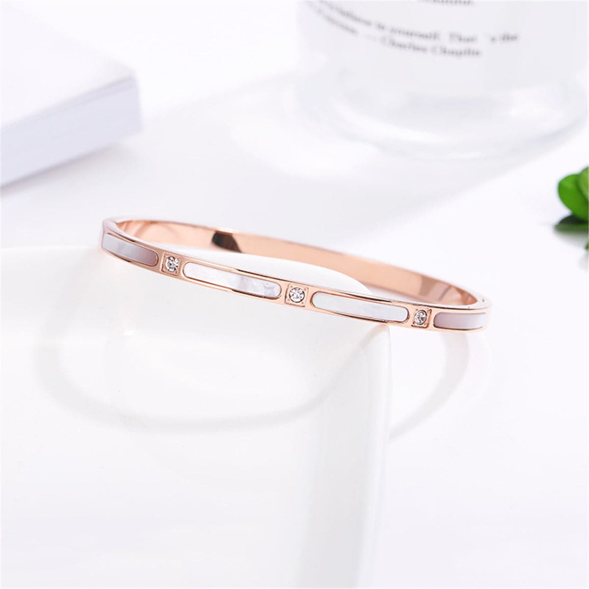 Gray Shell and Cubic Zirconia 18K Rose Gold-Plated Bangle, rose gold bangle bracelet, vintage-inspired design, front view