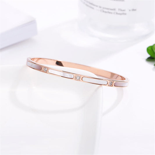 Gray Shell and Cubic Zirconia 18K Rose Gold-Plated Bangle, rose gold bangle bracelet, vintage-inspired design, front view