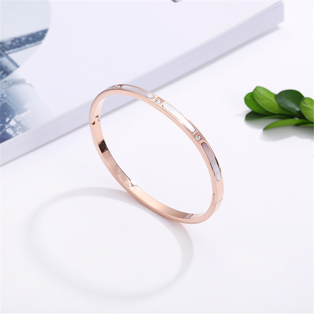 Gray Shell and Cubic Zirconia 18K Rose Gold-Plated Bangle, rose gold bangle bracelet, vintage-inspired design, styled look