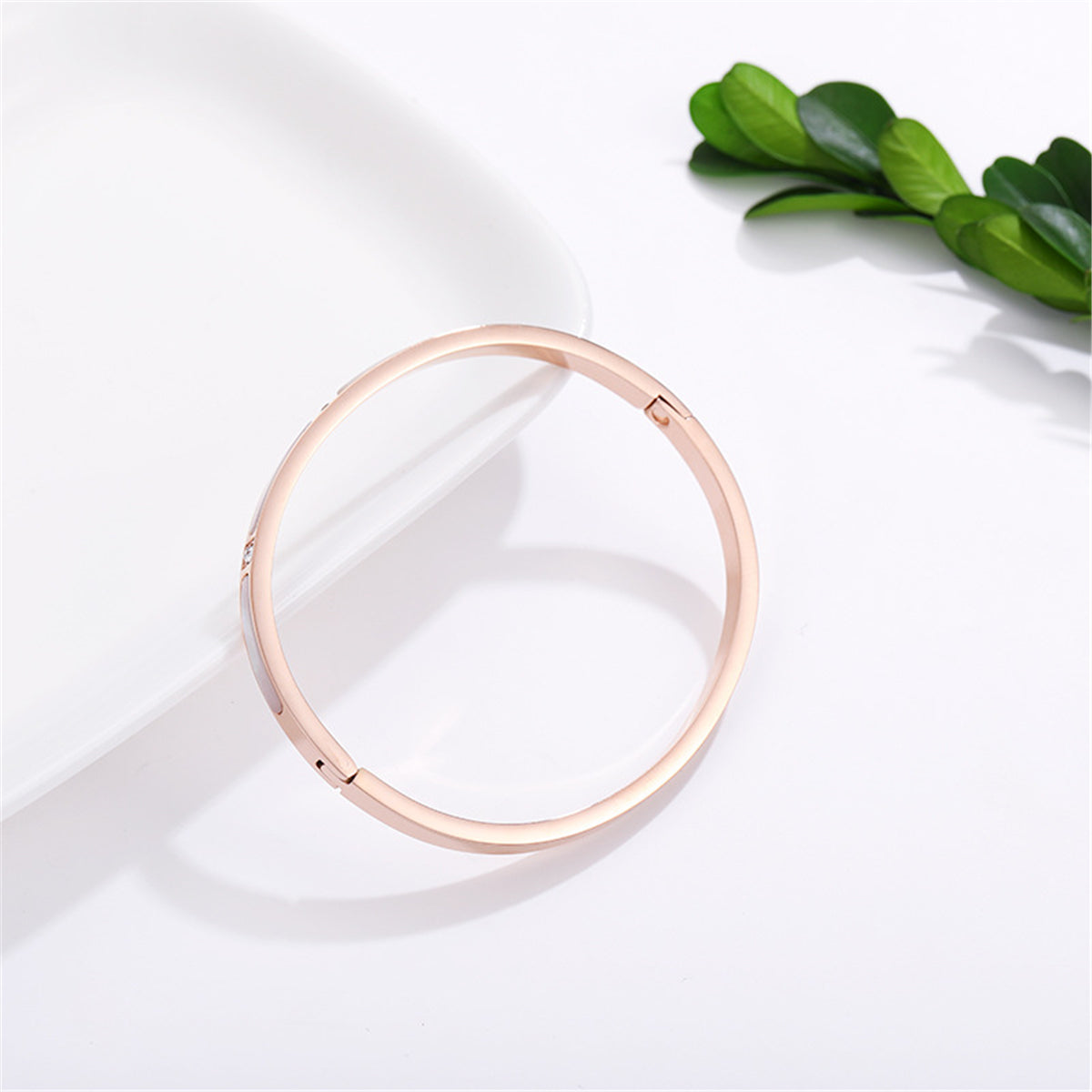 Gray Shell and Cubic Zirconia 18K Rose Gold-Plated Bangle, rose gold bangle bracelet, detail close-up