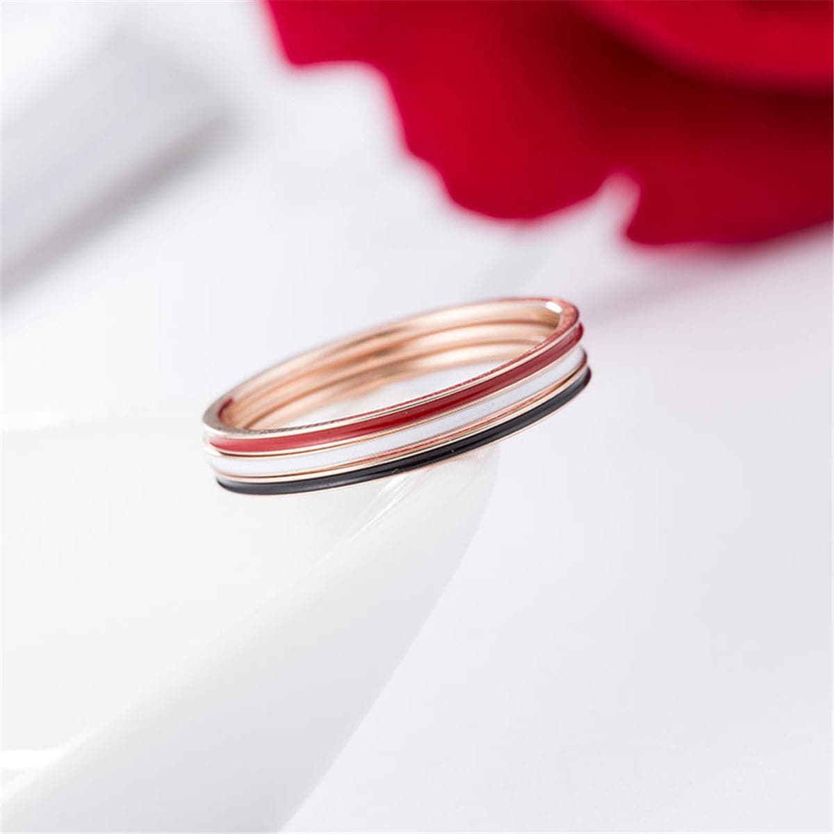 Red and Black Enamel 18K Rose Gold-Plated Band Ring - Set Of Three, jewelry gift sets for women, detail close-up