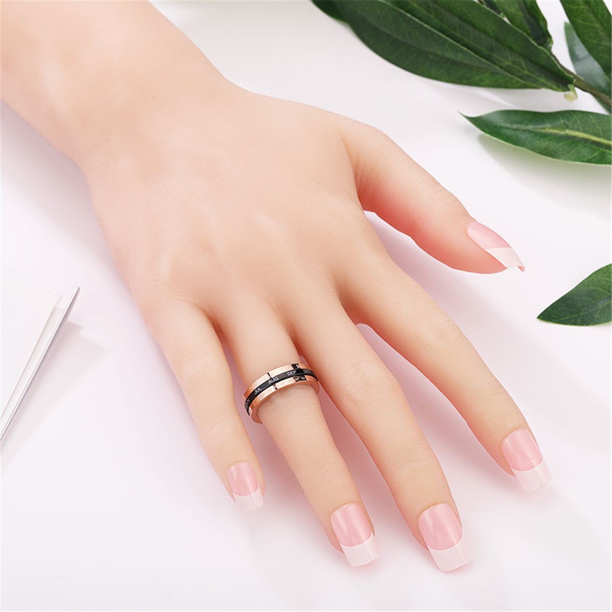 Black Acrylic and 18K Rose Gold-Plated Calendar Ring, rose gold statement rings for women, everyday style, front view