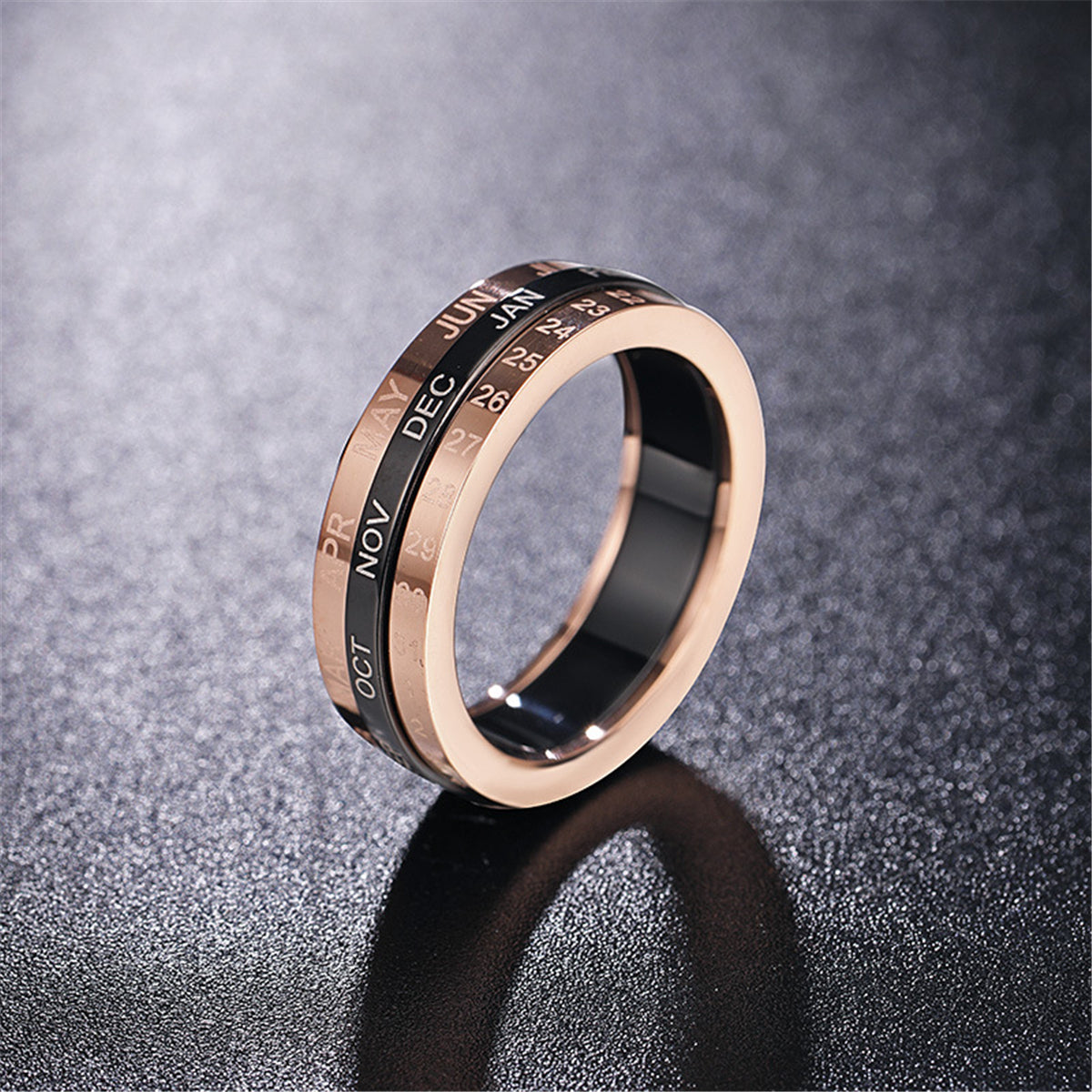 Black Acrylic and 18K Rose Gold-Plated Calendar Ring, rose gold statement rings for women, everyday style, lifestyle look