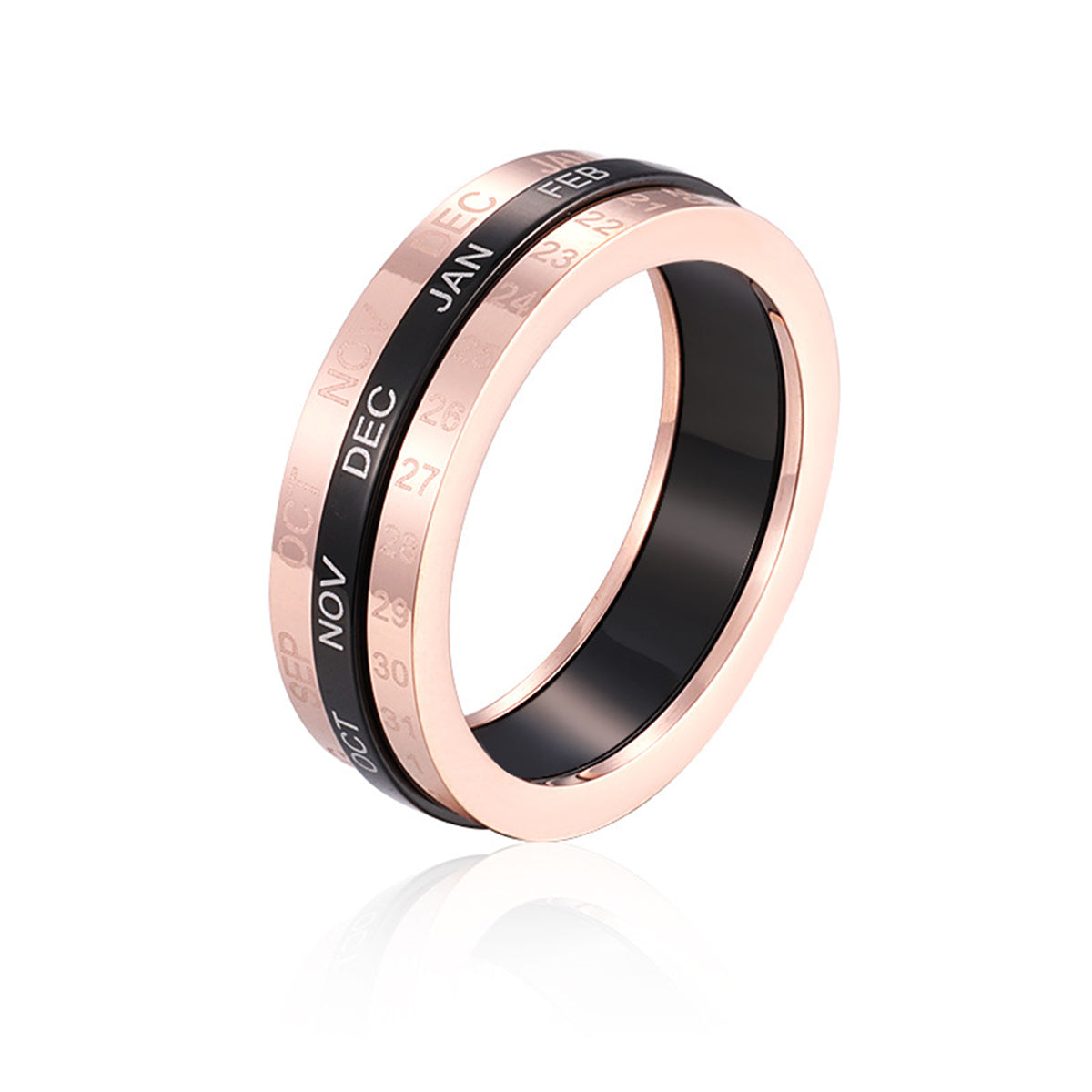 Black Acrylic and 18K Rose Gold-Plated Calendar Ring, rose gold statement rings for women, everyday style, side view