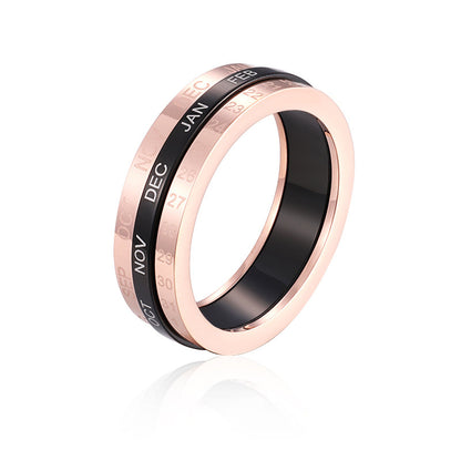 Black Acrylic and 18K Rose Gold-Plated Calendar Ring, rose gold statement rings for women, everyday style, side view