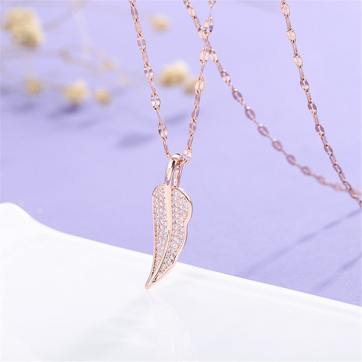 Cubic Zirconia and 18K Rose Gold-Plated Leaf Pendant Necklace, rose gold pendant necklace for women, lifestyle look