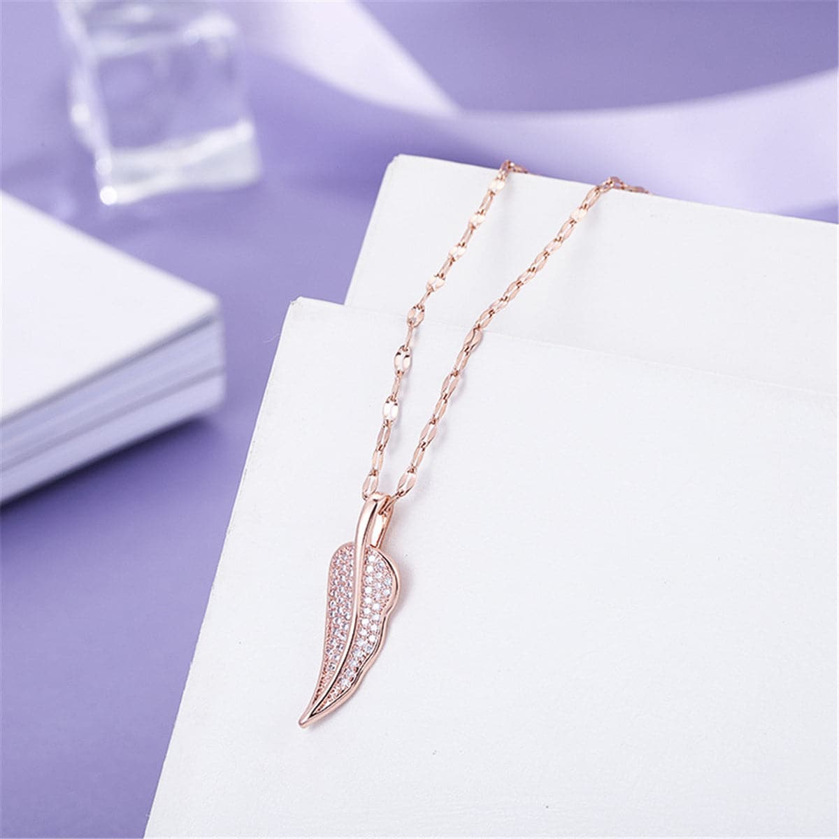 Cubic Zirconia and 18K Rose Gold-Plated Leaf Pendant Necklace, rose gold pendant necklace for women, side view