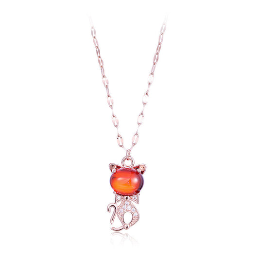 Red Quartz and Cubic Zirconia 18K Rose Gold-Plated Cat Pendant Necklace, rose gold pendant necklace for women, front view
