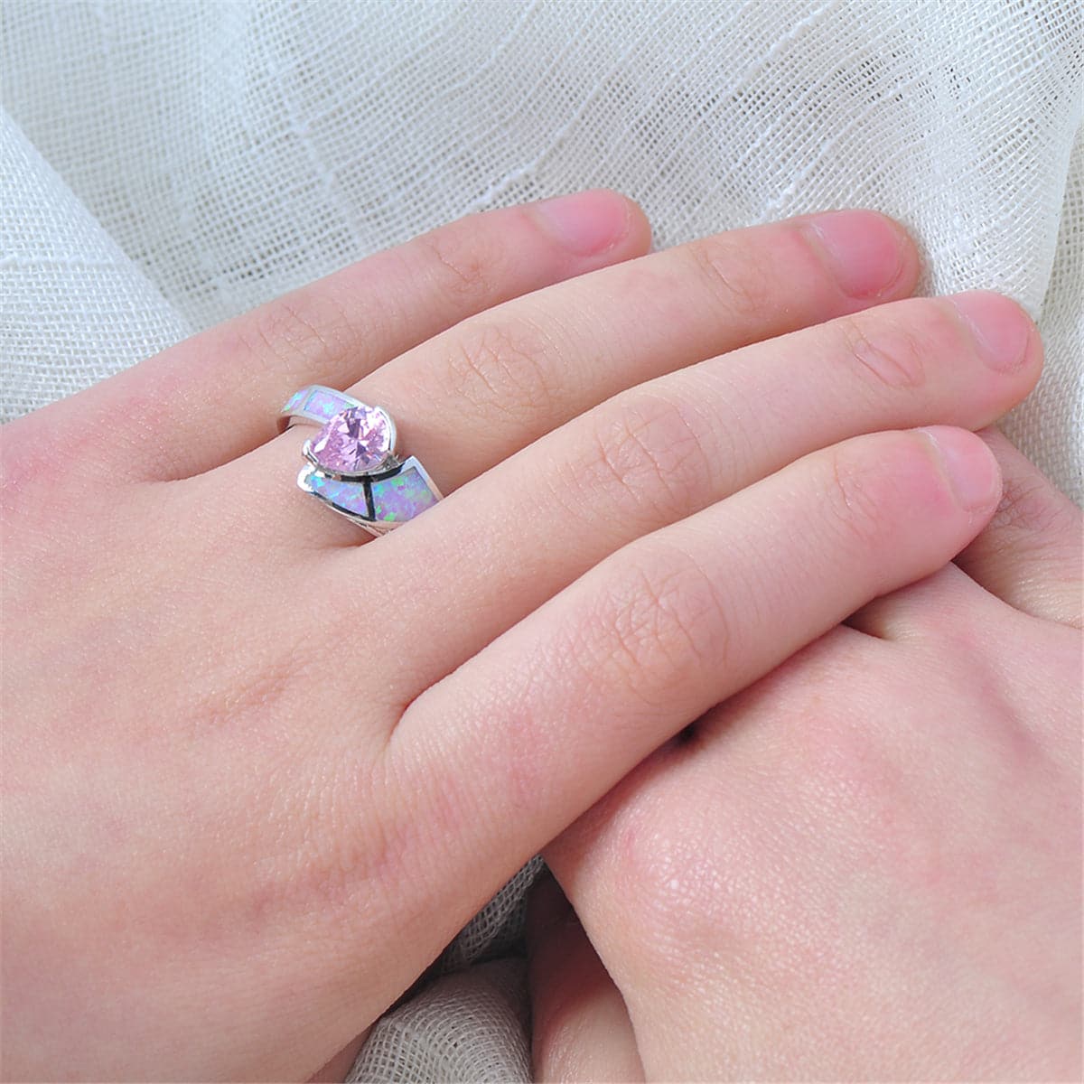 Pink Crystal & Opal Silver-Plated Geo Heart Ring