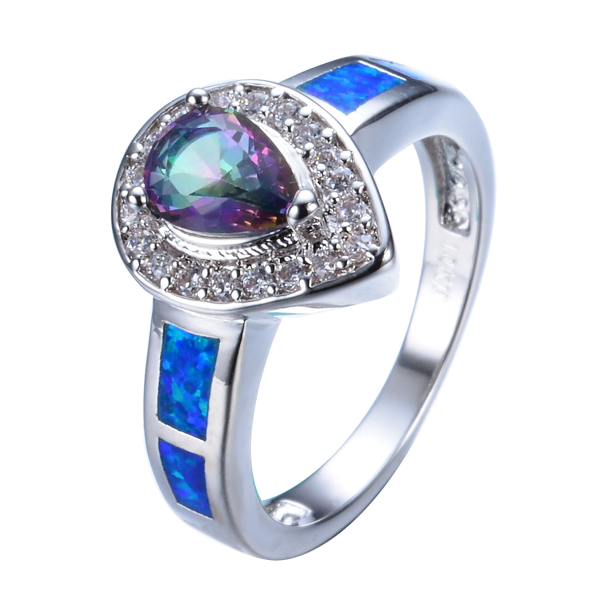Blue Opal & Crystal Pear-Cut Ring