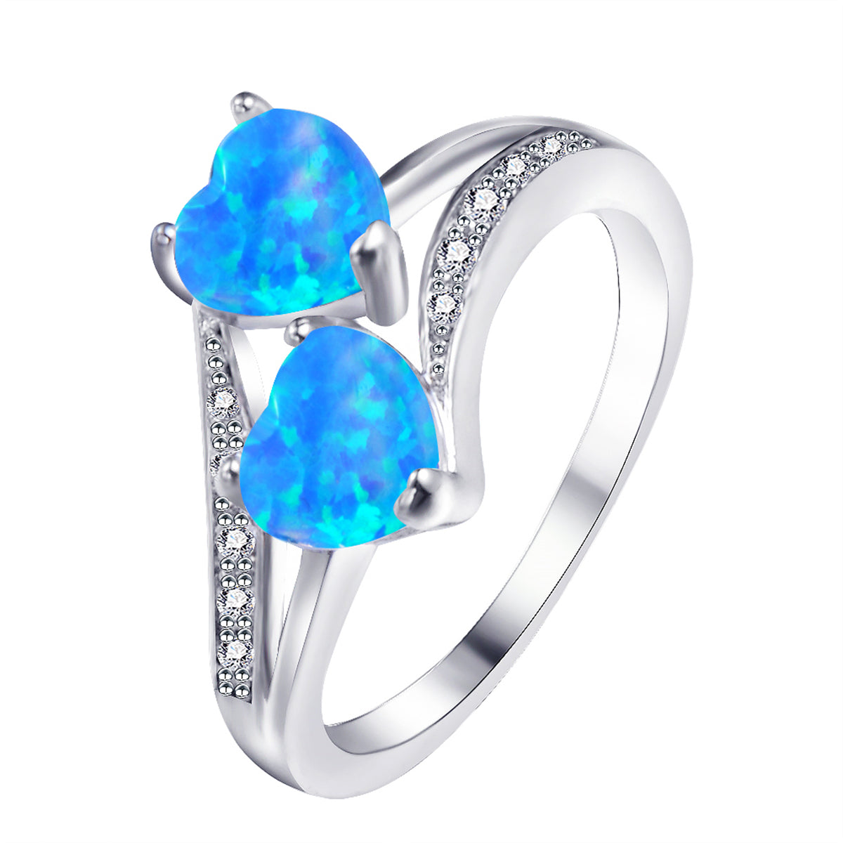 Blue Opal and Cubic Zirconia Double-Heart Ring, statement rings for women, elegant gift for her, side view