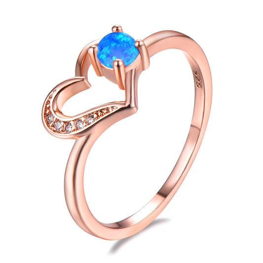 Blue Opal and 18K Rose Gold-Plated Open Heart Ring, rose gold statement rings for women, everyday style, front view
