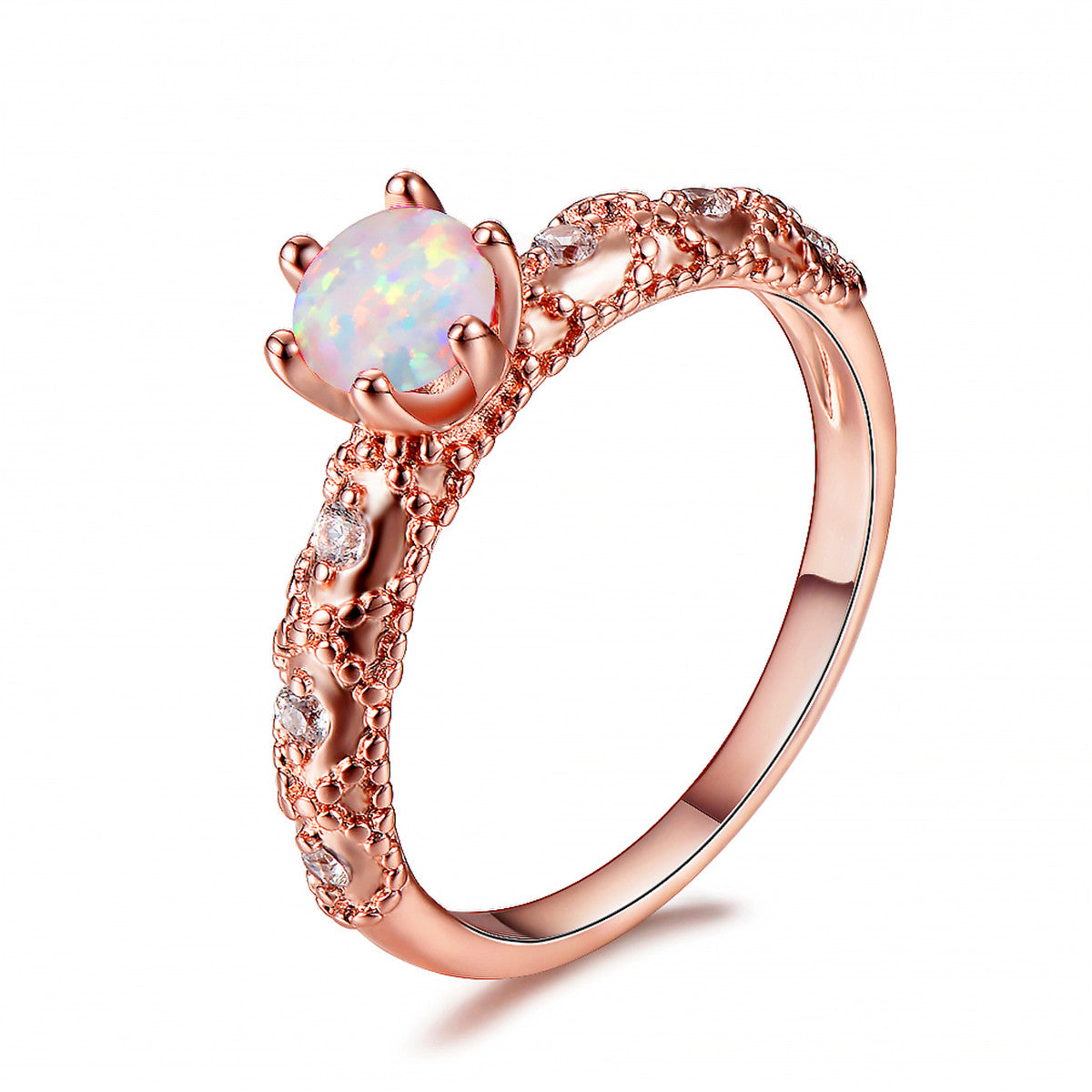 Cubic Zirconia and Opal Round 18k Rose Gold-Plated Solitaire Ring, rose gold statement rings for women, side view