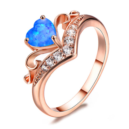 Blue Opal and Cubic Zirconia Heart Crown Ring, statement rings for women, everyday style, front view