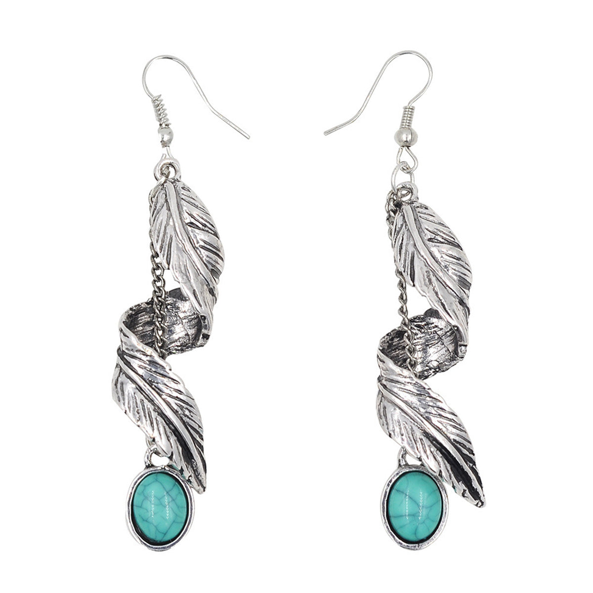 Turquoise and Silver-Plated Feather Twist Drop Earrings, silver drop earrings for women, botanical inspired, front view