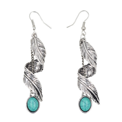 Turquoise and Silver-Plated Feather Twist Drop Earrings, silver drop earrings for women, botanical inspired, front view