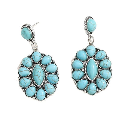 Turquoise and Silver-Plated Round Oval Drop Earrings, silver drop earrings for women, everyday style, front view