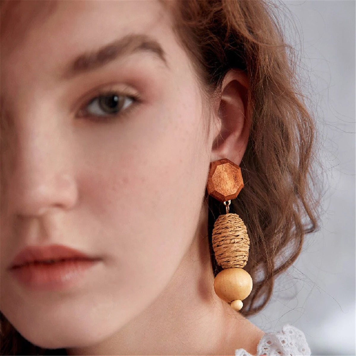 Wood and Rattan Geometric Tiered Drop Earrings, drop earrings for women, dainty minimalist design, side view