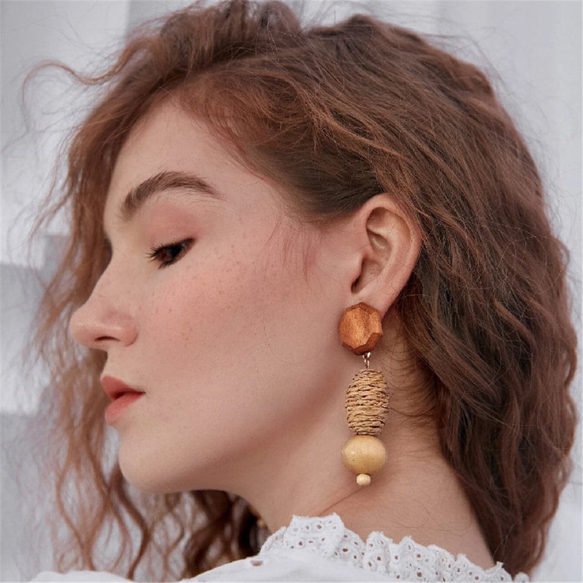 Wood and Rattan Geometric Tiered Drop Earrings, drop earrings for women, dainty minimalist design, front view