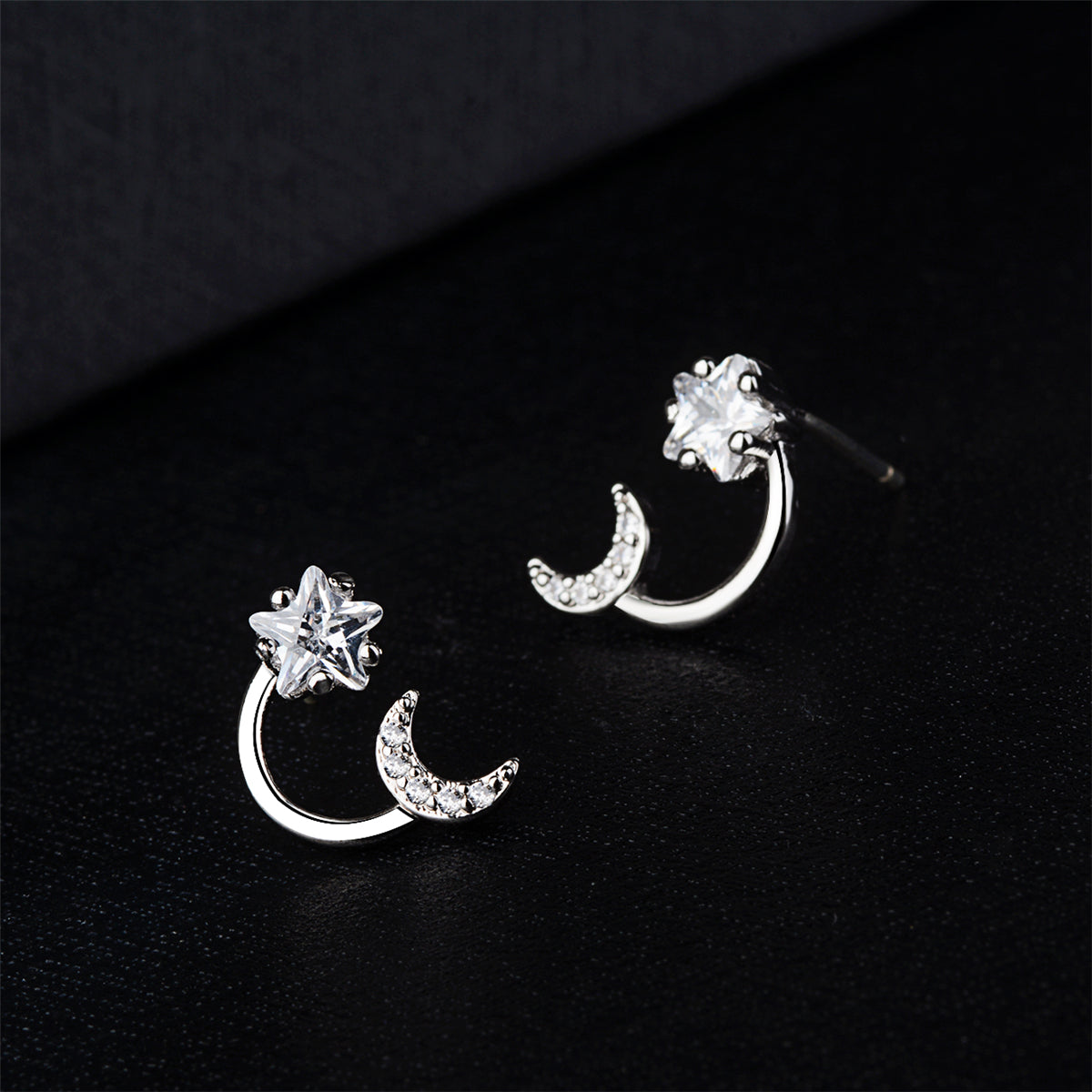 Cubic Zirconia and Crystal Silver-Plated Star and Moon Stud Earrings, silver stud earrings for women, lifestyle look