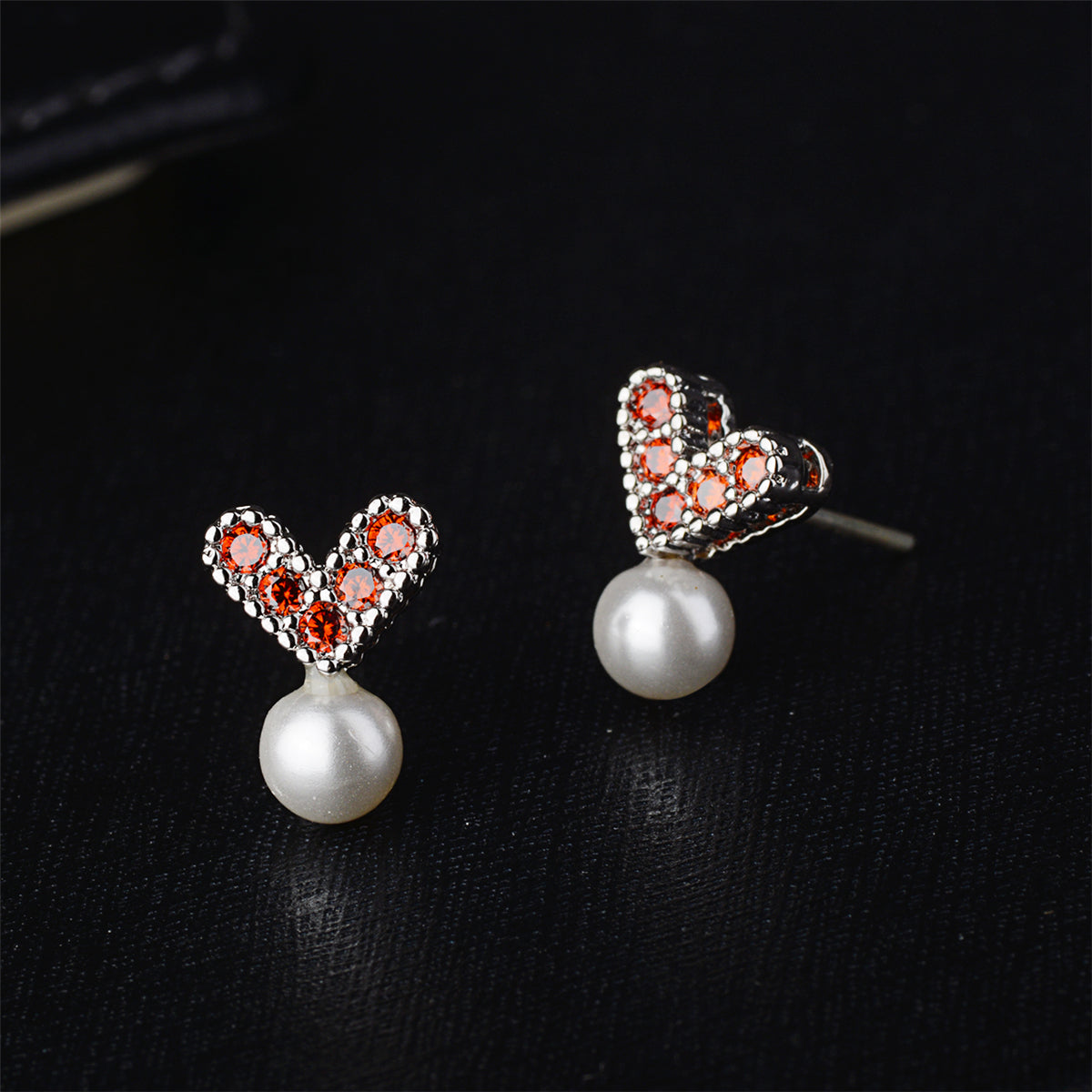 Pearl and Red Cubic Zirconia Heart Stud Earrings, stud earrings for women, everyday style, side view