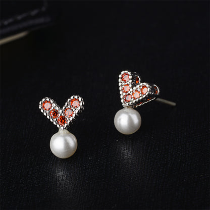 Pearl and Red Cubic Zirconia Heart Stud Earrings, stud earrings for women, everyday style, side view
