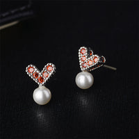 Pearl & Red Cubic Zirconia Heart Stud Earrings