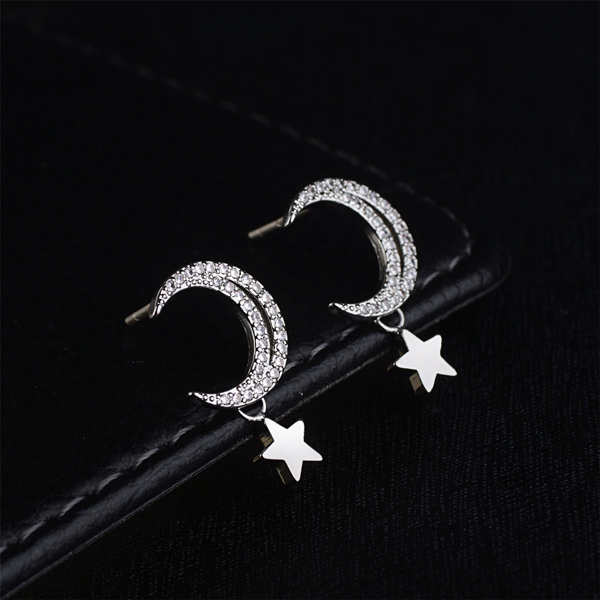 Cubic Zirconia and Silver-Plated Moon and Star Drop Earrings, silver drop earrings for women, lifestyle look