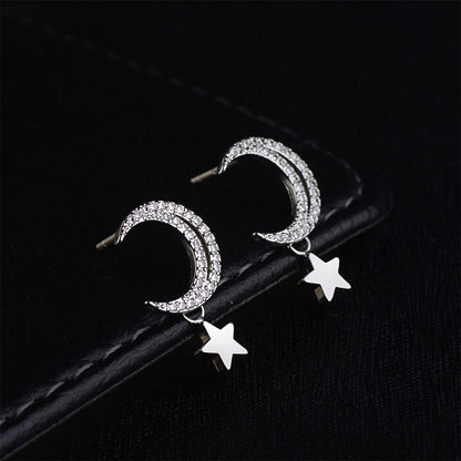 Cubic Zirconia and Silver-Plated Moon and Star Drop Earrings, silver drop earrings for women, lifestyle look