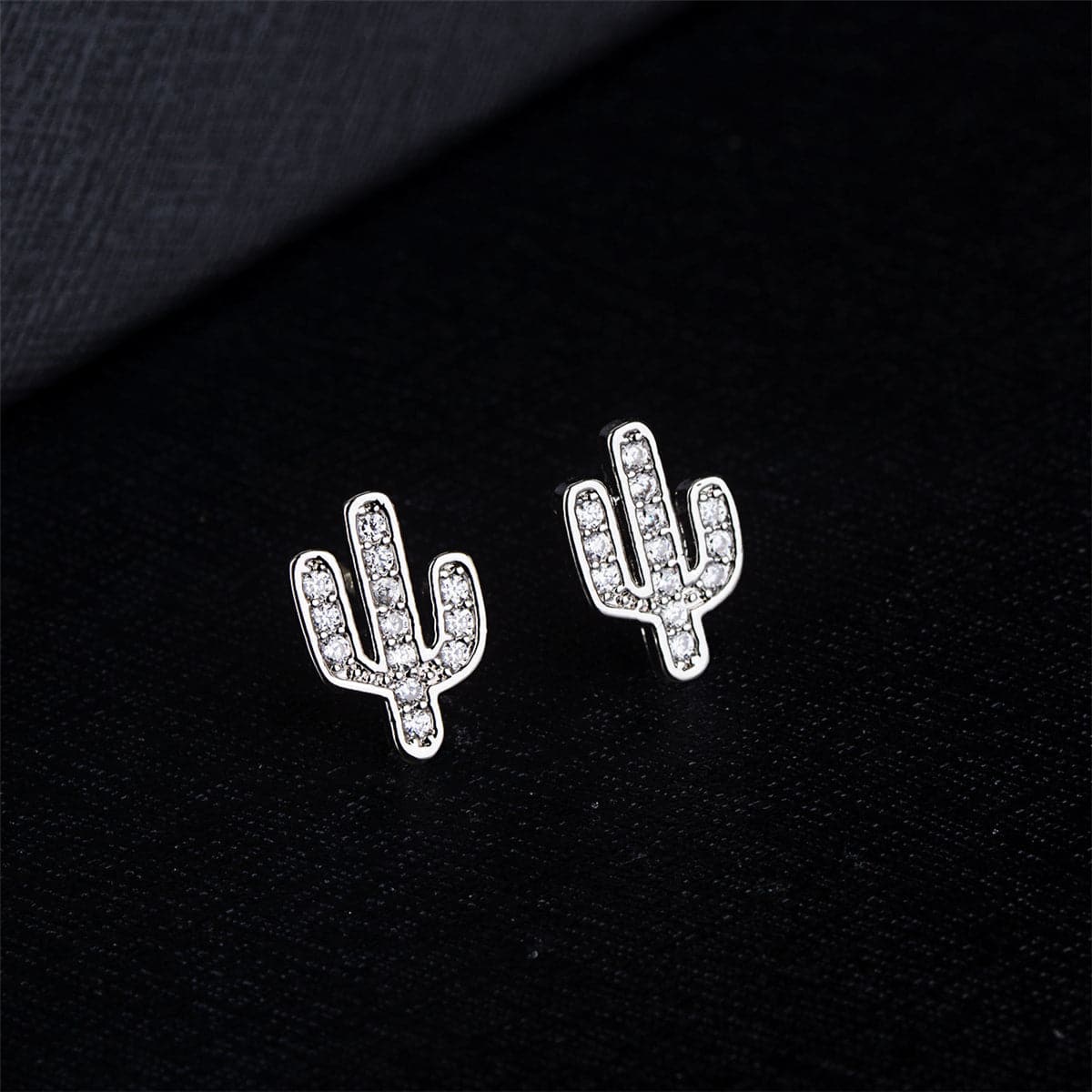 Cubic Zirconia & Silver-Plated Cactus Stud Earrings