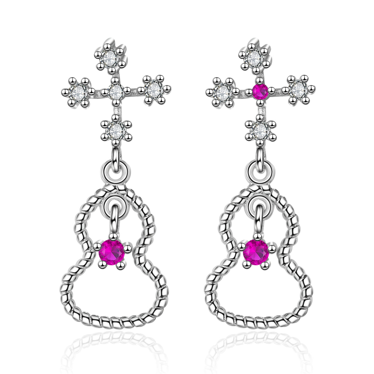 Cubic Zirconia & Silver-Plated Cross & Calabash Drop Earrings
