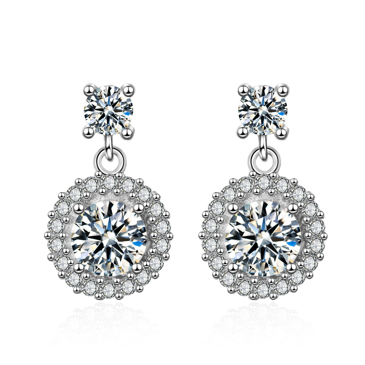 Cubic Zirconia and Silver-Plated Round-Cut Halo Drop Earrings, silver drop earrings for women, botanical inspired, front view