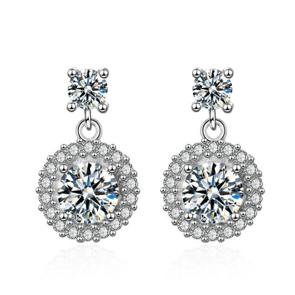 Cubic Zirconia and Silver-Plated Round-Cut Halo Drop Earrings, silver drop earrings for women, botanical inspired, front view