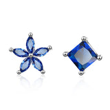 Blue Crystal & Silver-Plated Flower & Cube Stud Earrings