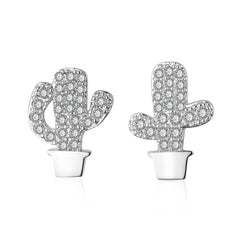 Cubic Zirconia & Silver-Plated Potted Cactus Stud Earrings
