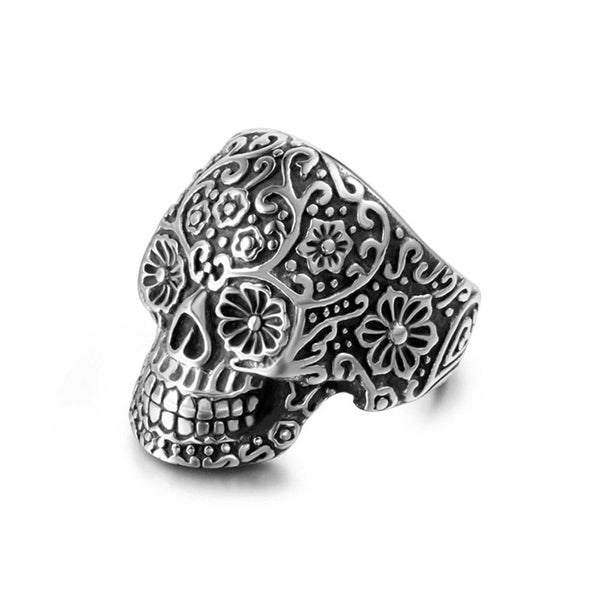 Silver-Plated Floral Skull Band Ring