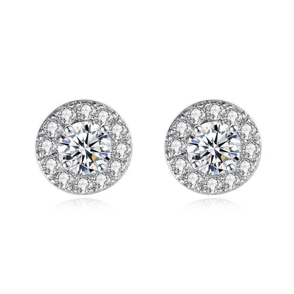 Crystal and Cubic Zirconia Silver-Plated Round Halo Stud Earrings, silver stud earrings for women, side view