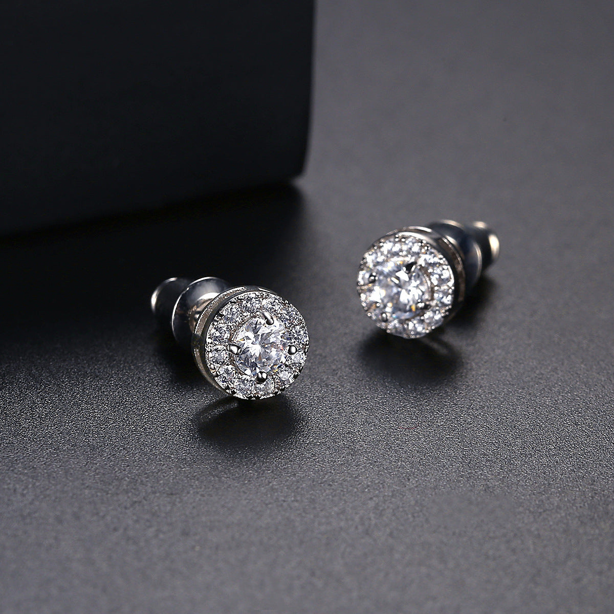 Crystal and Cubic Zirconia Silver-Plated Round Halo Stud Earrings, silver stud earrings for women, detail close-up