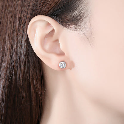 Crystal and Cubic Zirconia Silver-Plated Round Halo Stud Earrings, silver stud earrings for women, front view