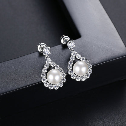 Cubic Zirconia and Pearl Silver-Plated Teardrop Earrings, silver drop earrings for women, botanical inspired, detail close-up