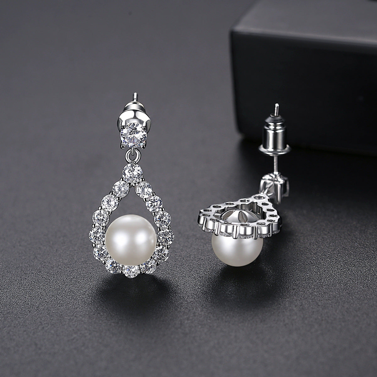 Cubic Zirconia and Pearl Silver-Plated Teardrop Earrings, silver drop earrings for women, botanical inspired, lifestyle look