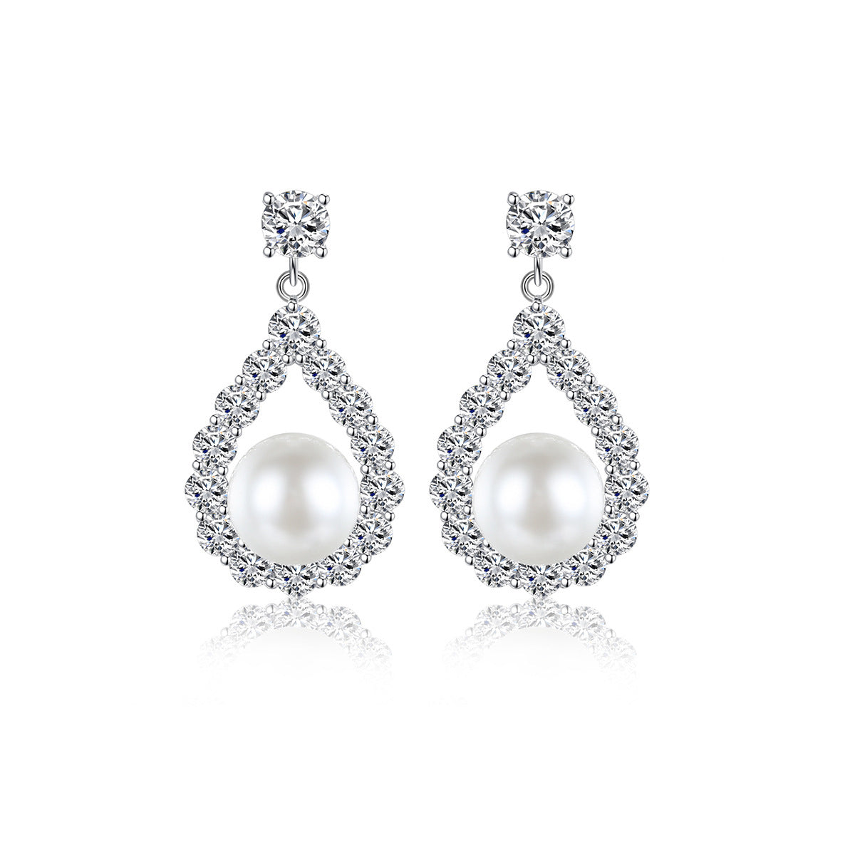 Cubic Zirconia and Pearl Silver-Plated Teardrop Earrings, silver drop earrings for women, botanical inspired, side view