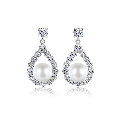 Cubic Zirconia and Pearl Silver-Plated Teardrop Earrings, silver drop earrings for women, botanical inspired, side view