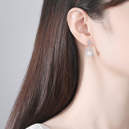 Cubic Zirconia and Pearl Silver-Plated Teardrop Earrings, silver drop earrings for women, botanical inspired, front view