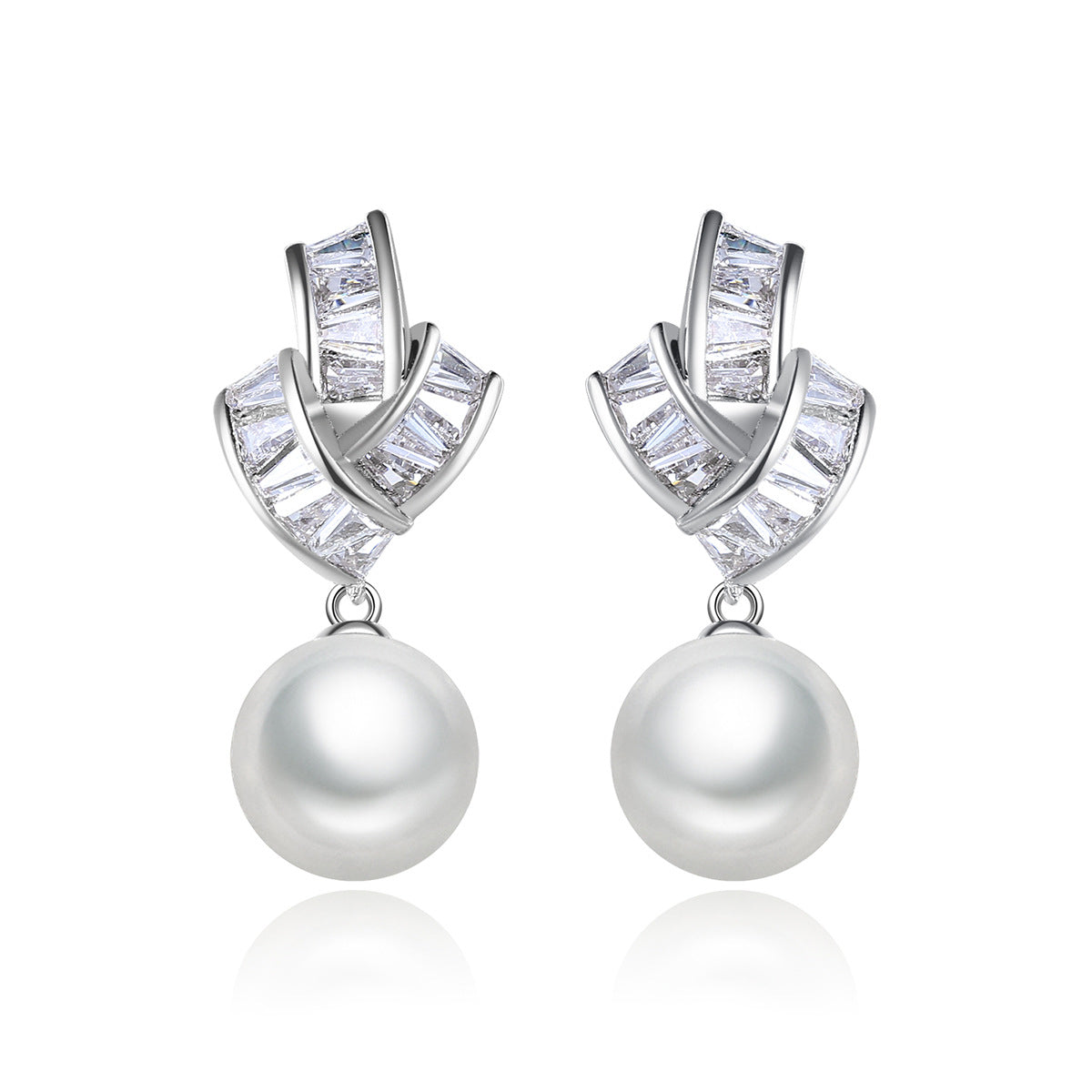 Crystal and Pearl Silver-Plated Geometric Drop Earrings, silver drop earrings for women, botanical inspired, side view