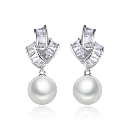 Crystal and Pearl Silver-Plated Geometric Drop Earrings, silver drop earrings for women, botanical inspired, side view