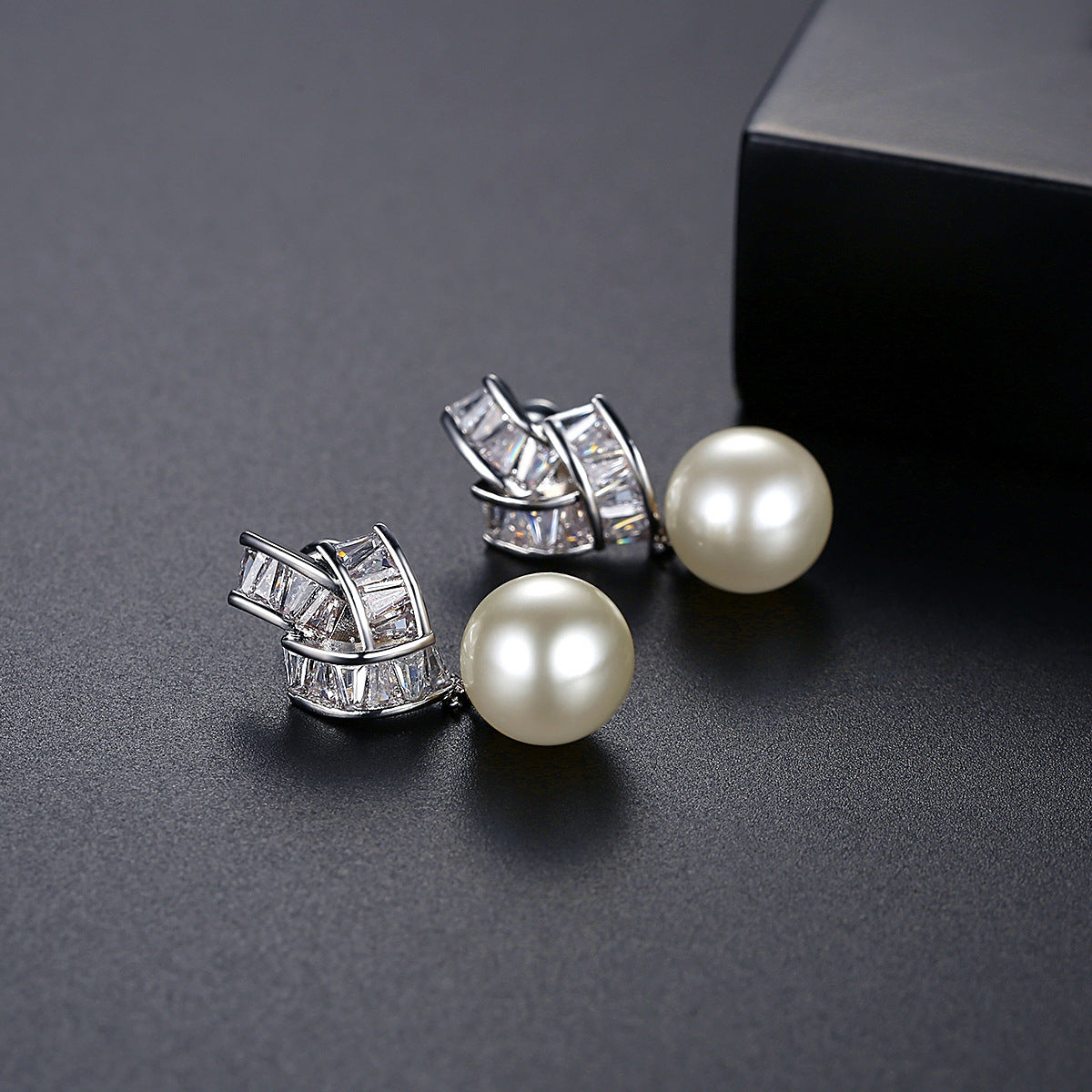 Crystal and Pearl Silver-Plated Geometric Drop Earrings, silver drop earrings for women, botanical inspired, detail close-up